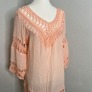 Peach Crochet Fringe V Neck 3/4‎ Sleeve Tunic Beach Cover Up Dress Women's M